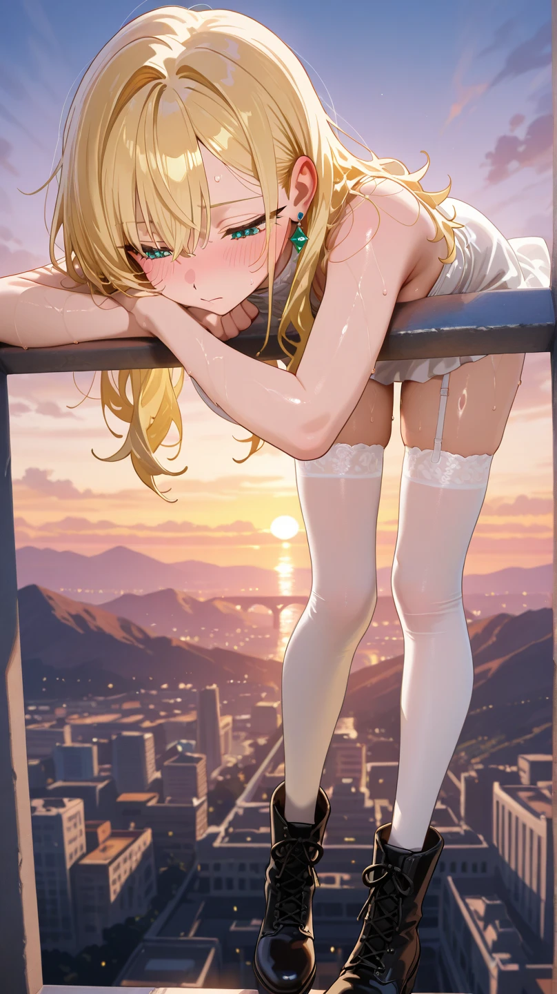 (((work of art))), (((best qualityer))), (((from sideways))), (((World upside down))), (((Cidade flutuante))), ((mint ballet shoes)), ((sitting on the stone parapet)), ((body com capuz)), ((paid lining)), (black pantyhose), hair blonde, spider logo, gradient light, horizont, High sky, colorful cloudy sky, standing alone, 1 girl, big fit ass , sweat, slender figure,