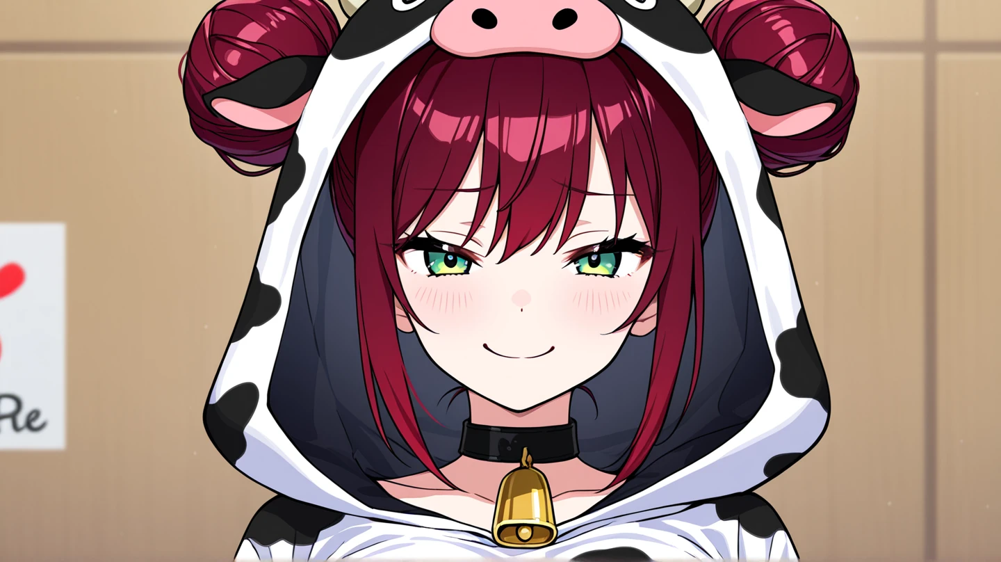 samdoesarts style, White background ,Sam Style, , , in a cow costume, red short hair, cow horns and ears, there is a cow's tail under the skirt, embarrassed, awkward, holds her miniskirt with her hands and pulls it down, cropped sweater suit with hood and skirt, cow print