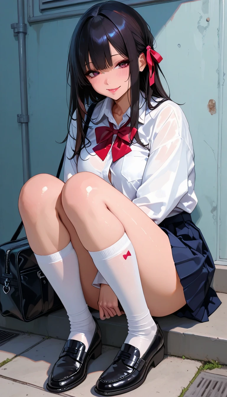 (masterpiece:1.2, highest quality), (realistic, photorealistic:1.4), beautiful illustrations, (movie lighting), Depth of written boundary, looking at the viewer, Front view, 1 girl, Asian, 1, ((bob hair)), perfect face, Cute symmetrical face, shiny skin, asymmetrical bangs, Big eyes, ((shaved pussy:1.5)), ((Anatomically perfect body:1.5)), ((Pink nipples)), long eyelashes, beautiful hair, beautiful face, fine and beautiful eyes, beautiful clavicle, beautiful body, beautiful breasts, thin thighs, beautiful feet, beautiful fingers, ((school uniform )), (vaginal sex:1.5), (beautiful scenery), Outdoor Exposure, droopy eye, (cum in pussy:1.5), sex, erotic, A hairless pussy, hetero, cowgirl position, Inserting a penis into a pussy, (smile, Upper grade)