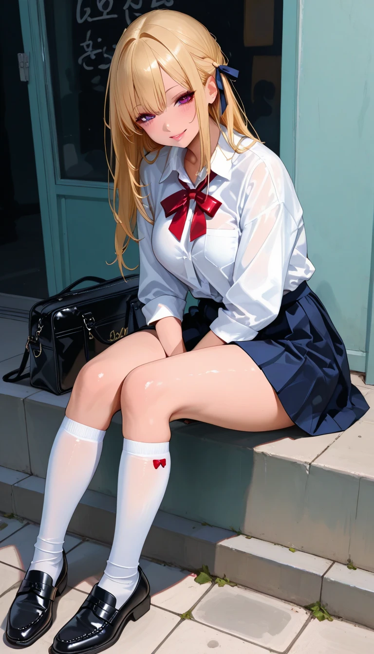 ((masterpiece)), 4k, beautiful (Japanese cute idle) , ((best quality)), (1girl:1.4), professional lighting, highres , blonde hair, looking at viewer, red sparkly lips, school uniform, thigh, sweaty and wet, realistic painting, intricate, full body, (realistic eye:0.9), (realistic painting:0.9), beautiful shine blue eyes, profile, embarrassed, strong neon backlight, oily, rainy, transparent, clean nasal bridge, frozen, crisp, glasses, red glossy pumps, high heel,