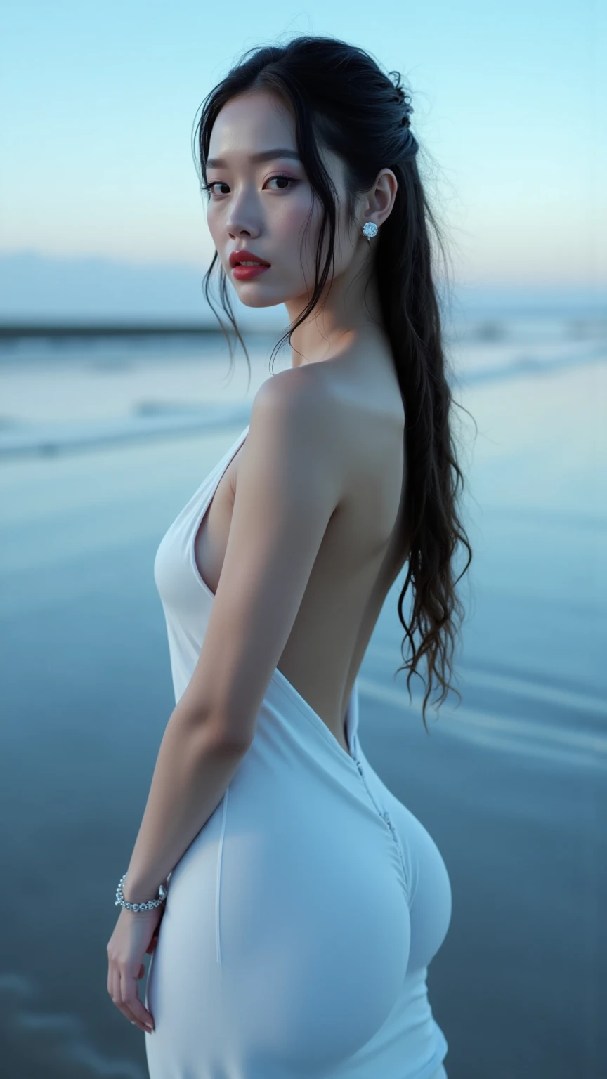 (((best quality))),(((ultra detailed))),(((masterpiece))),illustration,(1 beautiful girl,shark girl,solo),((slim,thin)),((bare back,towering hips,butt crack)),aquarium,summer night,(sleek sharkhead-hooded shirt-dress:1.3),shimmering hues,enchanting aura,(shoulder length straight bob hair:1.2),ocean-blue locks,shiny seaweed,porcelain skin,neon lights,emerald eyes,sharp gaze,delicate shark fin,translucent membrane,dancing fish,vibrant colors,undulating water,salty scent,distant waves,coral reef,gentle shadows,serene ambiance,electric atmosphere,Alezandra,oceanic magic,allure,enchantment,vision,extraordinary presence,((from back,upper body))