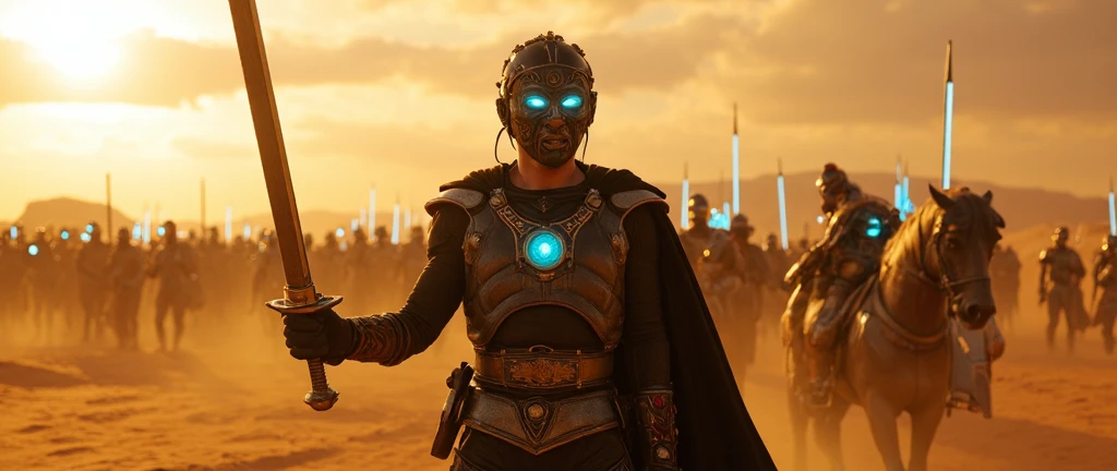 there are many people riding horses in a line in the dark, movie still of aztec cyborg, cute cyber gods, from witcher (2021), christopher lloyd as belial, dragon shaped helmet, incredibly detailed faces, futurist, brass beak, orange metal ears, king of entropy, mastodonic, parade, 3-d 8k