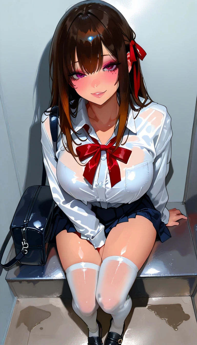 ((Highest quality))、((masterpiece))、(detailed)、((Anatomically correct))、One Woman、aldult、adult、look at me、whole body、((Standing posture))、((From below))、(Ultra-glossy skin with attention to detail:1.1)、Glowing Skin、((Sticking a dildo in her vagina))、tits、F Cup、((Slipping、Nipples))、Beautiful shoulders、bangedium Hair、Straight Hair、Brown Hair、(Beautiful Eyes:1.1)、Double、Slender、(Nurse uniform)、((skirt))、((skirt lift))、((Spread your legs))、bottomless、(Dripping love juice)、Hospital room