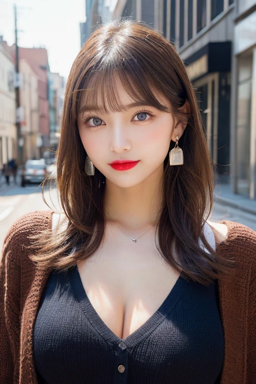 Beautiful college girl in the city, masterpiece, light makeup, red lips, silver hair, long messy hair, cityscape background, beautiful, elegant. Very fine details, master work, authentic texture, realism of movie lighting, perfect work, 16k, high resolution, exquisite features, blue eyes, Japanese idol, beautiful face, cute smile, brown hair, beautiful hair, ponytail , glamorous, big breasts, erect nipples, greasy muscles, shiny skin, tanned skin, glowing dark skin, sexy knit sweater, cleavage, wet, bright big eyes, smooth skin, earrings, necklace, tattoos