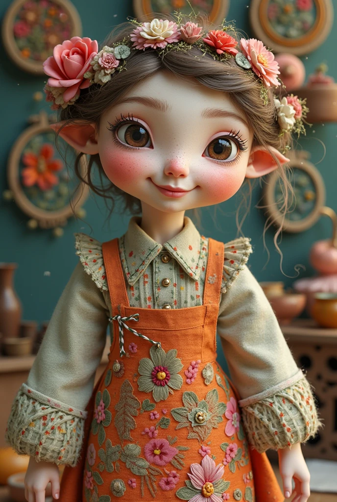 HD, (Best Details) (Best Quality), Meticulous facial features, There is a young girl wearing a flower crown and necklace, Spark, (((Felt))), dark face, handmade, plush toys, (mini wool style)