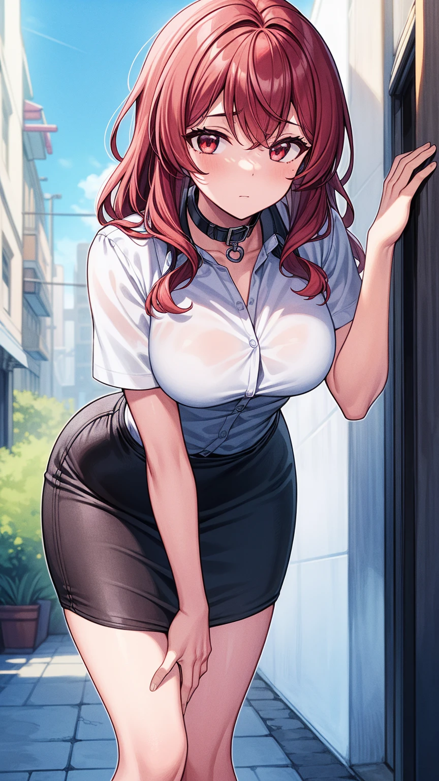 (8k, RAW photo, best quality, masterpiece:1.2),1girl,solo,mature female, purple eyes, pink hair, breasts,cleavage,black shirt,pencil skirt,black pantyhose,
looking to the side,
outdoors,shcool,