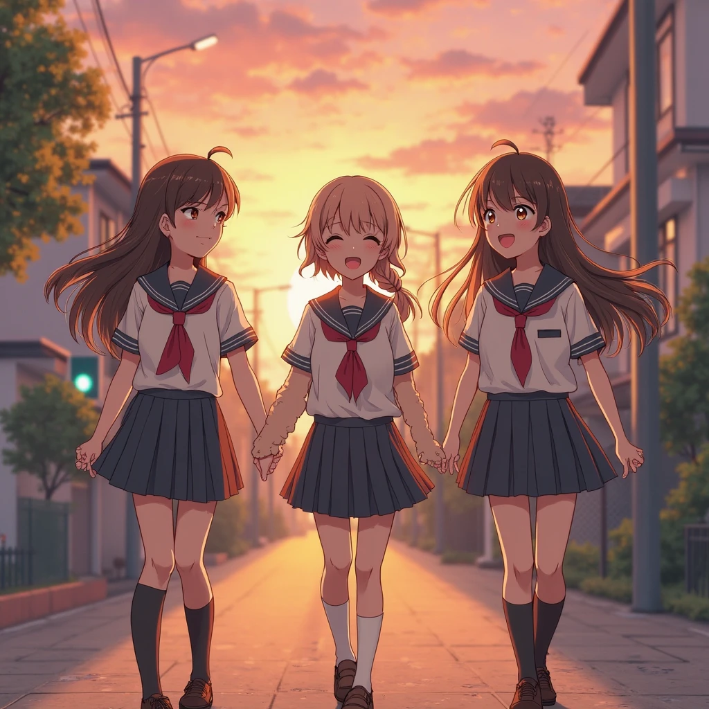masterpiece、highest quality、High resolution、Very detailed、Back view、3 girls、high school girl、、Sandy Beach、With friends、Holding hands and jumping、Sunset、evening、sunset、Angle from below、youth、
