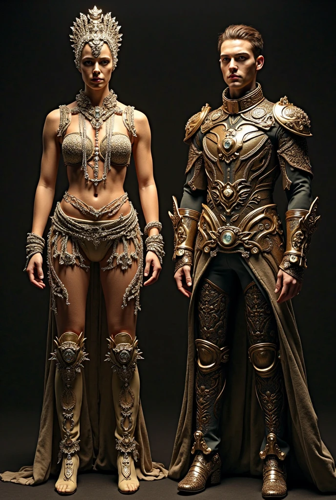 An Asian Native American mixed-race 40 year old model with very clearly depicted eyes (pupils), model has a tall body size with a female curvy muscular figure and medium cup size, modern gothic hairstyle, model wears an etched copper-colored leather corsage embroidered with many patterns and a bolero made of chains a wide waist belt with lots of metal buckles, a pair of tribal fusion belly dance pants made of mixed lace and leather and high heel boots with lots of metal buckles, all in a modern gothic style, model in full body pose dancing towards the camera in the rain at moonrise
