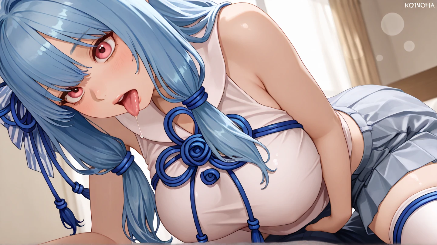 (background white、bed)、Super detailed illustrations、Super precise expression、masterpiece、highest quality、ultra high resolution、high resolution、(dildo:1.4) ((Ahegao、ahe face、Ahegao、huh:1.5))、全naked、naked、big breasts、Sweatで透けた服、(nipple、Sweat、body fluid、thick thighs:1.3)、((hands behind head、spread your legs、squat、vagina)、Climax、Cramp、(Rei Ayanami)