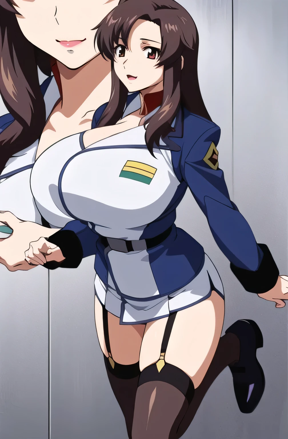 Masterpiece, best quality,(detailed face), minami kotori, curvy hourglass body , narrow waist,white crop top,half sleeves,earrings, thongs, standing, police cap,in police station, cowboy shot, thighs, wide hips , solo , navel, cleavage