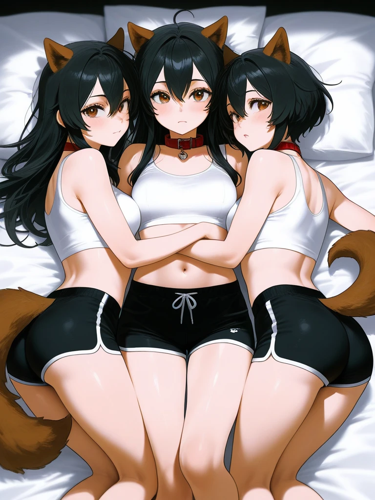 Dark Brown skin tanuki girl, ebony skin, deep brown skin, brown skin green eyes, orange long hair, hair is long and orange, orange hair, 25 years old, chubby, big butt, big breast, sitting seductively on bed, girl, girl, she has a , girl with a penis instead of vagina, lady , futa, futanari, on camera, shown to camera, facing camera, explicit, sweater dress, holding , grinning, cleavage showing, grabbing boobs, moaning, wearing sandals, open toed heels, holding leash, low camera angle