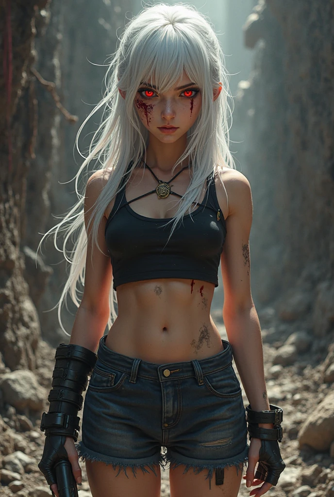 (beste-Qualit), (tmasterpiece), (Gloomy color scheme:1.5), ((Close-up of a girl in a T-shirt and shorts)), 1girl in T-shirt and shorts, ((bare buttocks)), androgynous vampire, junji ito 4 k, with long gray hair, ito junji art, style of junji ito, portrait of sadako of the ring, Gentle androgynous princess , Beautiful androgynous princess, Streetwear, ((with her long white hair:1.5)), stocklings, (big yellow eyes:1.3), fangs, detailing, (generous cleavage), Burst breasts, extra high resolution, 8K, (The blood on her lips runs down her neck), (Lovely Medium Breasts), perfect anatomy, (Gloomy color scheme:1.5), (shapely body), Microthongs, Beautiful slender legs, sexypose, (Hands Behind Your Back:1.2), (Looking down), (The gaze is directed downwards), (Night Sky Background: Red Moon)