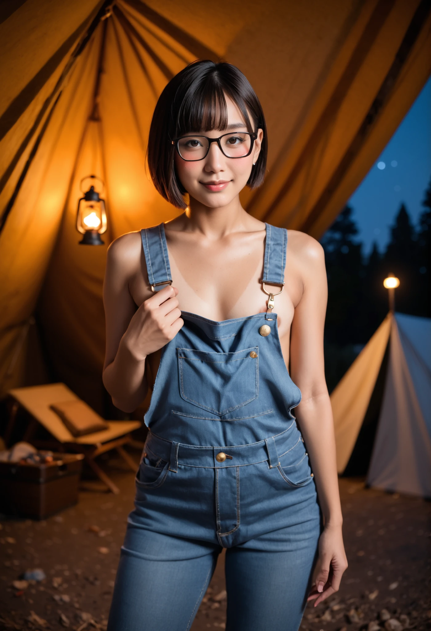 score_9,score_8_up,score_7_up,source_real,real skin, BREAK asian female mountaineer, japanese idol,25 yo,(blushing:1.3), (brown short hair:1.4),(lob cut hair:1.2),(slender body),tan_lines,smile,(flat chests),(Glasses:1.2), (Standing:1.2) ,(wearing long pants overalls,naked overalls),(downblouse:1.1),mountaineering gear,tent,camp fire,night,lantern,nature,in spring,depth of field,highly detailed,high contrast,film grain,Rim Lighting,penis,from front,one breast out,