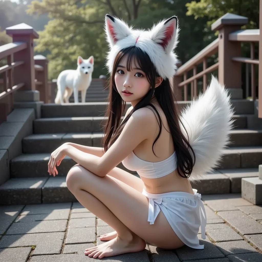((highest quality)), ((masterpiece)), (be familiar with), perfect face, Fox woman, Beautiful woman, public, A tail is growing, she has a fluffy tail, she has a fox tail, she wags her tail, smile, she is wearing a bikini, get down on all fours