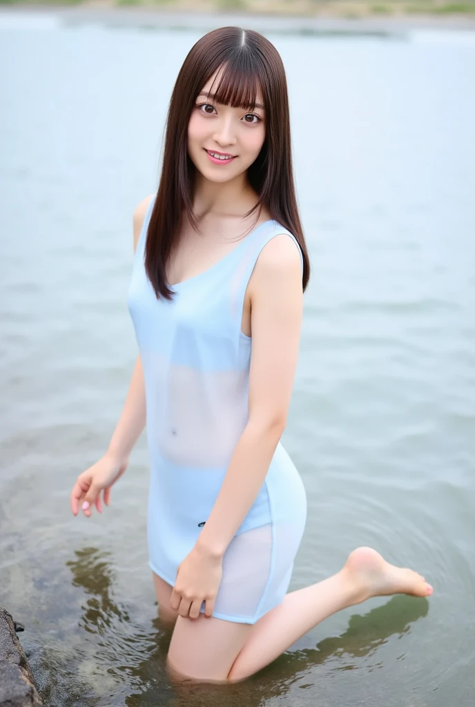Japanese female, a lot of details, (underweight), detailed black hair, beautiful detailed hair, super fucking beautiful, delicate beautiful face, complex details beautiful and delicate eyes, perfect hands, (flat chest best quality:1.5), perfect and delicate limbs, detailed skin, best quality, ultra-detailed,(cheerful grin:1.5),
(the girl walking on surface of the water), full body, legs, (hands behind back), a lot of details, flowing hair, wave at the edge of dress, (white dress shirt), There are clouds where water and sky connect, (fine water surface), high-quality mountains,