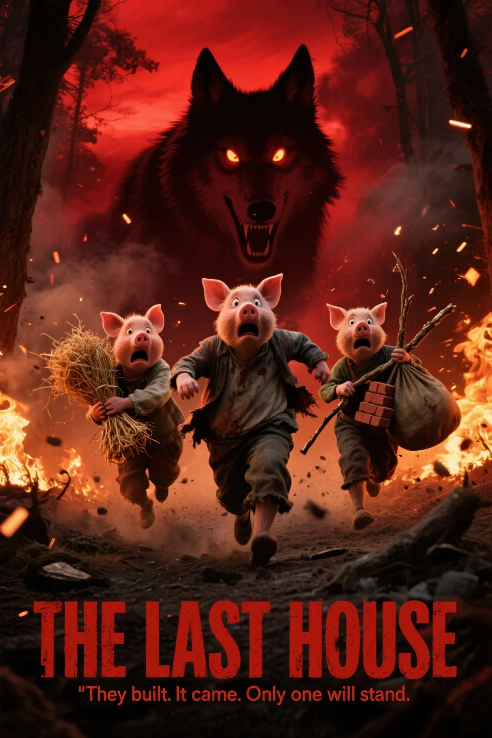 cinematic movie poster, realistic reimagining of "The Three Little Pigs", three terrified pigs in tattered clothes running for their lives through a burning forest, smoke and ash in the air, one clutching a bundle of straw, another dragging broken sticks, the third carrying a heavy sack of bricks, a massive shadow of a snarling wolf looming behind them through the smoke, glowing eyes barely visible, high-tension escape scene under a dark red sky, realistic animal textures, gritty 35mm film grain, intense lighting with sparks and dust particles, bold title at the bottom: "THE LAST HOUSE", tagline above: "They built. It came. Only one will stand."