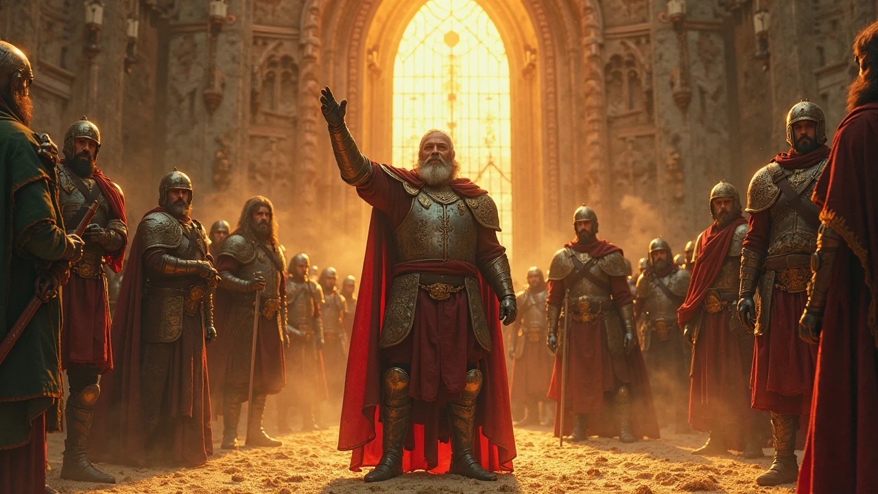 (((crowd))) of semi-decayed insane (zombies) ((worships)) (gigantic) high throne with ((((gigantic)))) (old) emperor detailed ((Vladimir Putin with shining solemn face)) wearing golden royal robes, ((((detailed face)))), in the middle of firing ruins, darkness, (smokes), dark scorched earth, ruins of (small) buildings on background, wildfire on background, (((solemn))), HellAI.