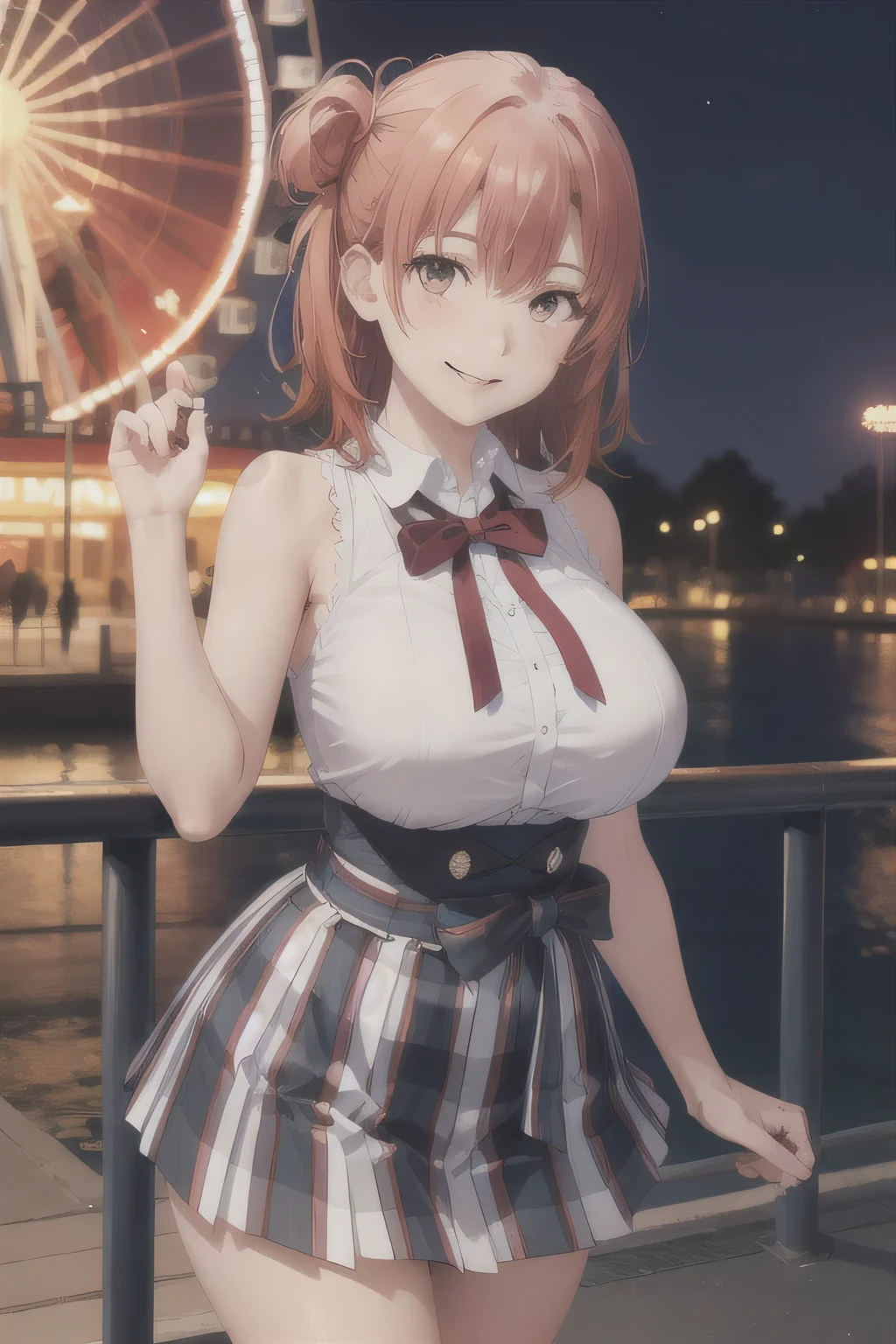 Can you draw a woman smiling in front of the giant ferris wheel at Kasai Rinkai Park,,Big Breasts,sleeveless blouse,pleated miniskirt,Accurate representation of hands and legs, , Big Breasts, thin waist , , ,I need a face,