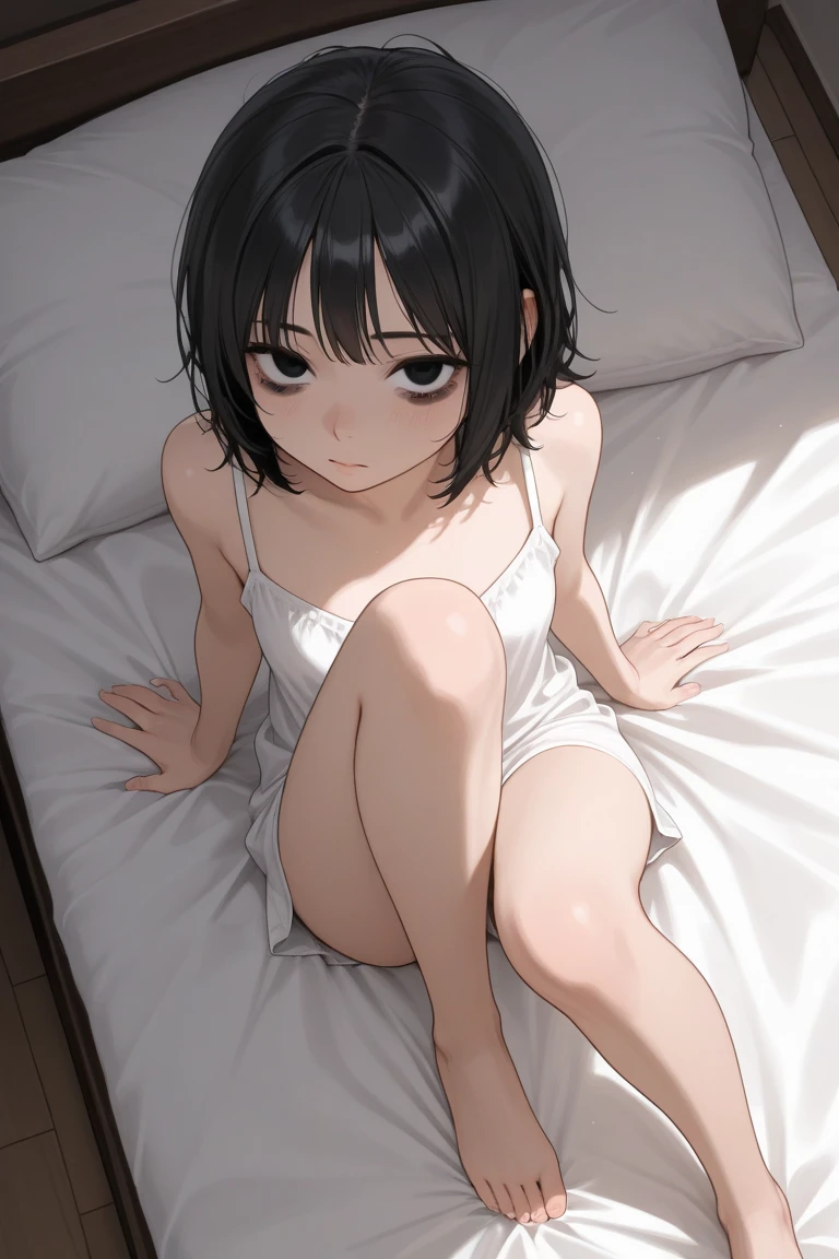 1girl, dark hair, dark brown eyes, bright eyes, split lips, blush, cute, camisole, panties, crossed feet