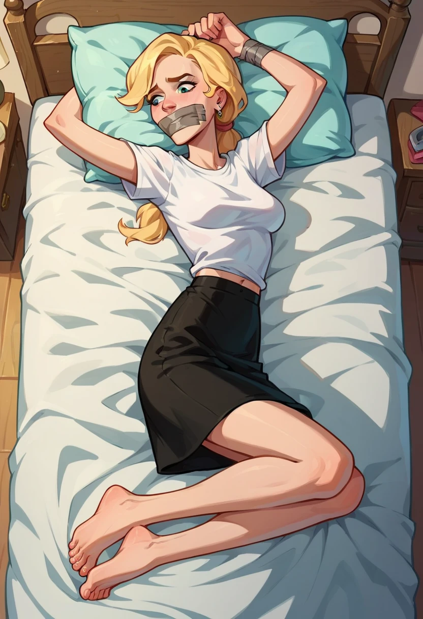From above, from behind, lying on stomach on a bed, lifelike, high - resolution, full body, sexy skinny teenage girl, with a perfect body, 16, amazing beauty, blonde, extraordinarily attractive, wet, natural Brazilian booty in shorts, booty hanging out of shorts, pretty feet, perfect feet, perfect toes, detailed feet, pedicure, big booty, plump cheeky booty, hands tied behind back