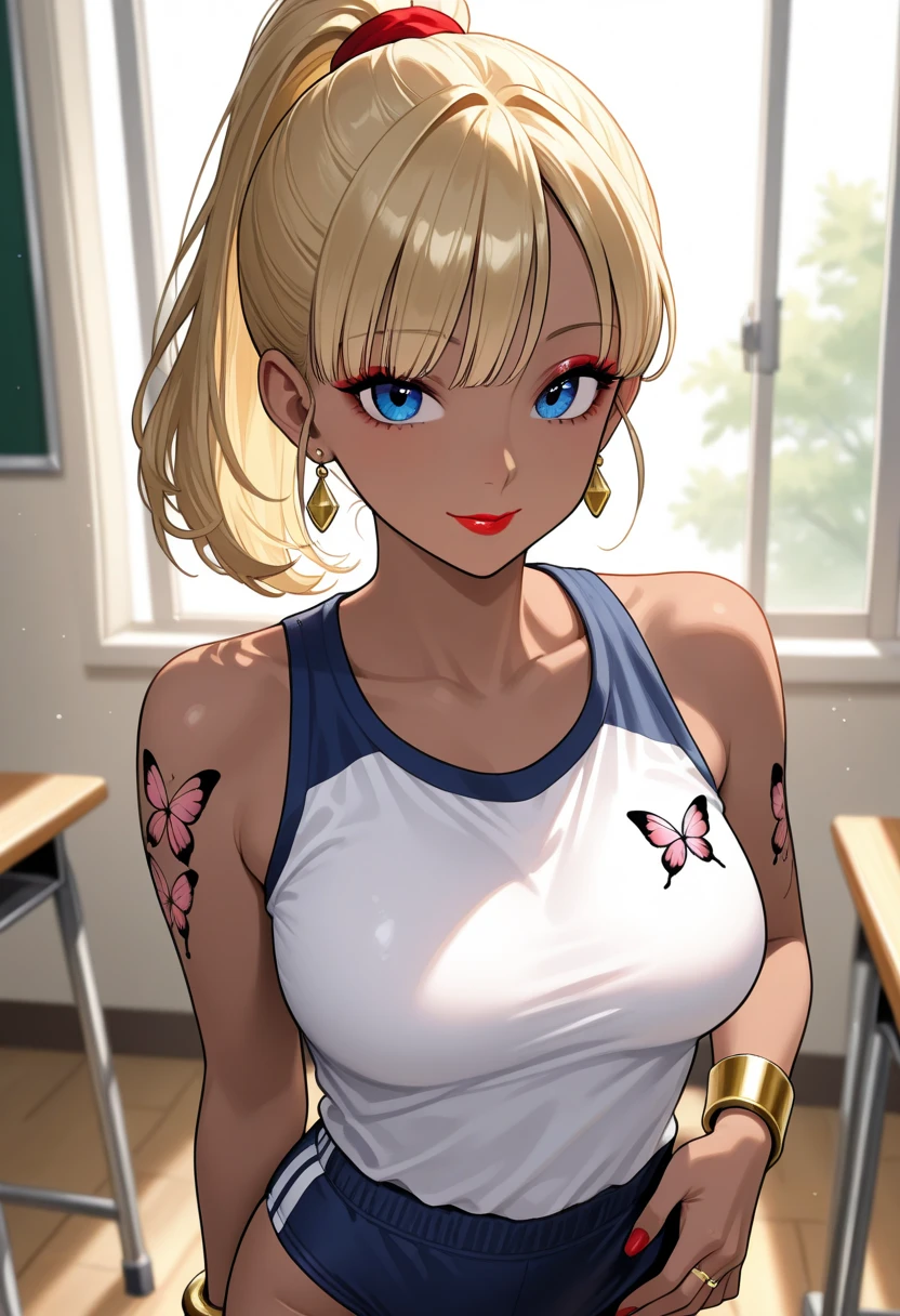 "(masterpiece:1.1), best quality, NSFW, (loli:1.2),
1girl, gyaru, (80s anime style:1.4),
blonde hair,
(hair slicked back:1.2), (twintails, drill hair:1.1),
brown eyes, (red lip stick:1.1),
(pale skin:1.3), (gigantic breasts:1.3),
(shy:1.2), (blush:1.1),
(school uniform, skirt, midriff peek:1.1),
belts, knee socks, jewelry, hoop earrings, necklace, ahoge,
standing, arms behind back,
upper body,
(daytime, classroom:1.2)"
