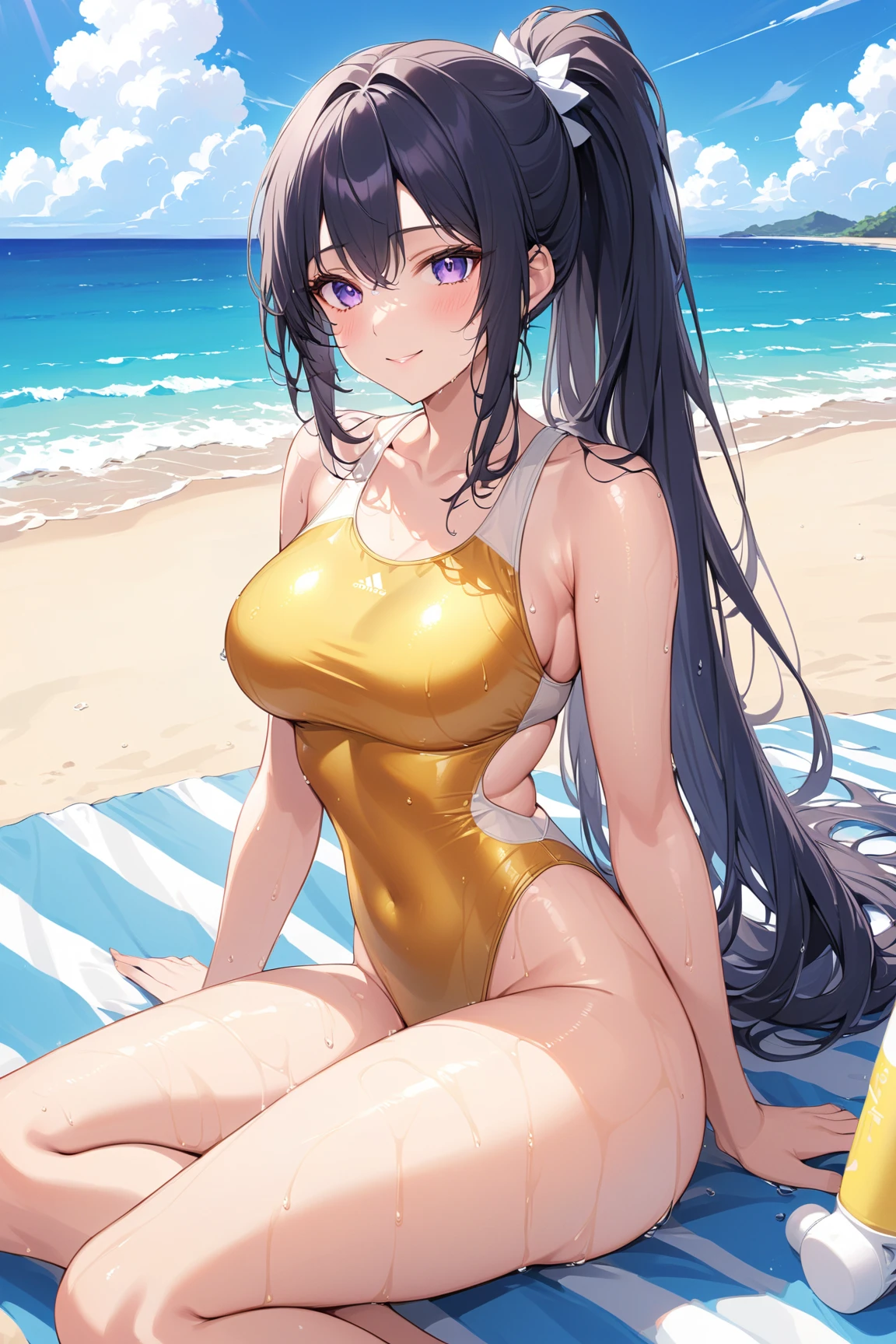 masterpiece, best quality, hyper detailed, good anatomy, long hair, large  breasts,, Expectant smile,black hair,beautiful face, blush,beautiful eyes,20years old,milf,perfect hands, perfect fingers,
lighting,full body,looking at viewer,sweat,(white one-piece swimsuit),beach,(tanned skin),((full body shot:1.4))