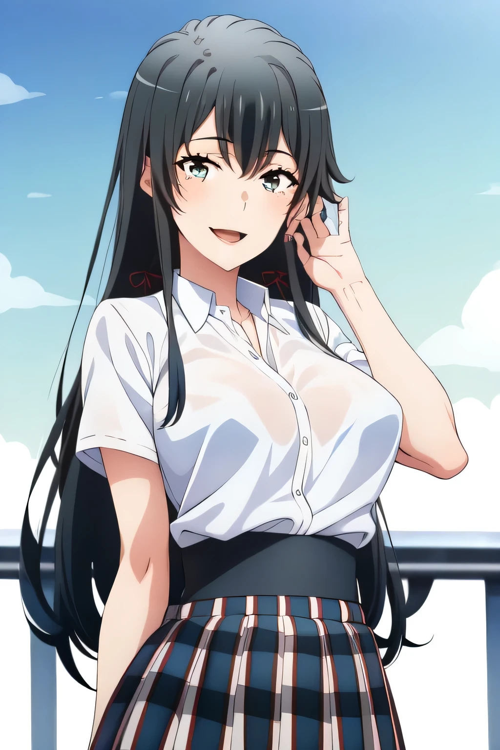 beautiful smiling woman ,can you draw a woman laughing in front of the ferris wheel at Kasai Rinkai Park,A 20-year-old adult woman with a nice smile,Please draw long black hair,with big breasts、with a thin waist,I need a face,white blouse,Navy Blue Pleated Miniskirt,
