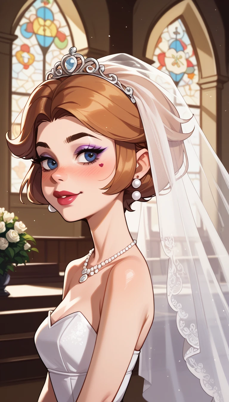 Brunette girl, wedding dress, sad, cleavages, jewellery, veil, bouquet