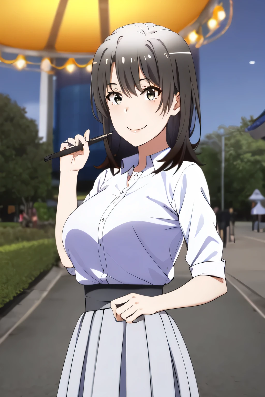 3 smiling people in front of the Ferris wheel at Kasai Rinkai Park 葛西臨海公園にて,Can you draw ,A 20-year-old adult woman with a nice smile,Please draw long black hair,Big BreastsをさらにBig Breastsに描いて下さい,Big Breastsでもウエストが細い,Women with beautiful smiles and dark wavy hair, , Big Breasts, thin waist , , ,I need a face,Accurate representation of hands and legs,