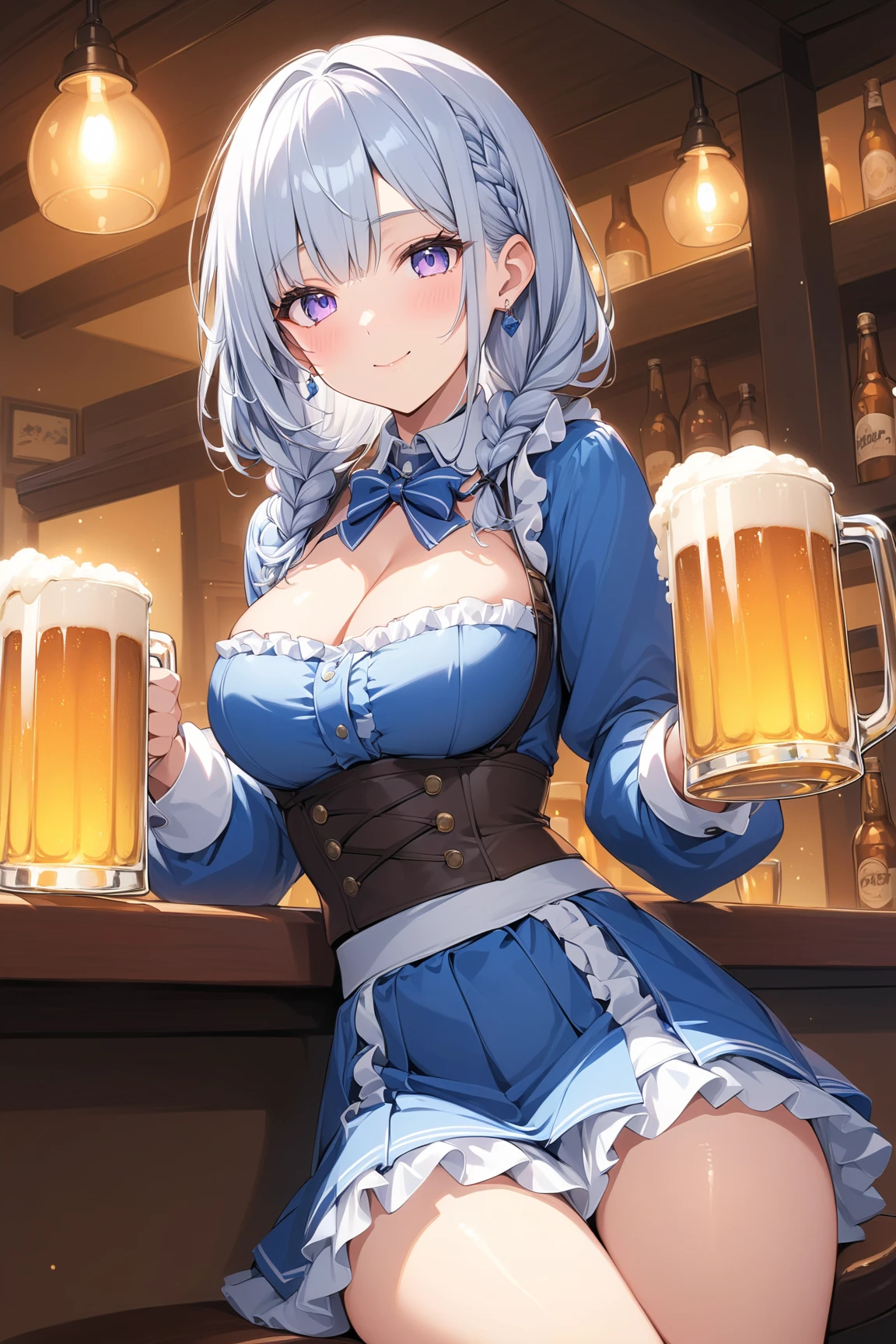 noelle (genshin impact), nsfw, masterpiece, 1 girl, erect nipples, intricately detailed, topless, large nipples, erect nipples, puffy nipples, pubs, table, crowd, navel, bare shoulders, necklace, beer, tavern, inn, pub, crowd, maid skirt, waist apron, gray hair, embarassed, innocent smile, extremely detailed, photorealistic, octane render, 8 k, unreal engine, bare breasts, nipples, green eyes, carrying beer tray, bare stomach, sweaty, people on background, oktoberfest, smiling, moist breath, child, arm strap, breasts, braid, short hair, hair flower, armored skirt, knight skirt, silver hair, wavy hair, blush, bare shoulders