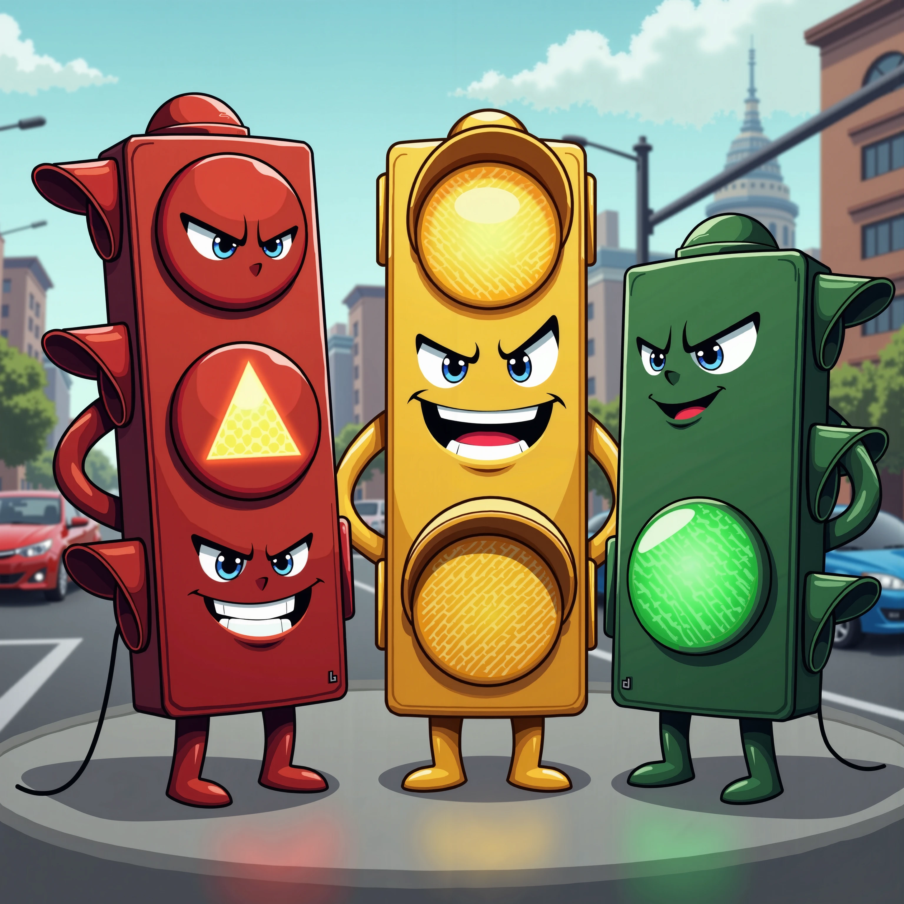 Personification of red lights, yellow lights, and green lights
