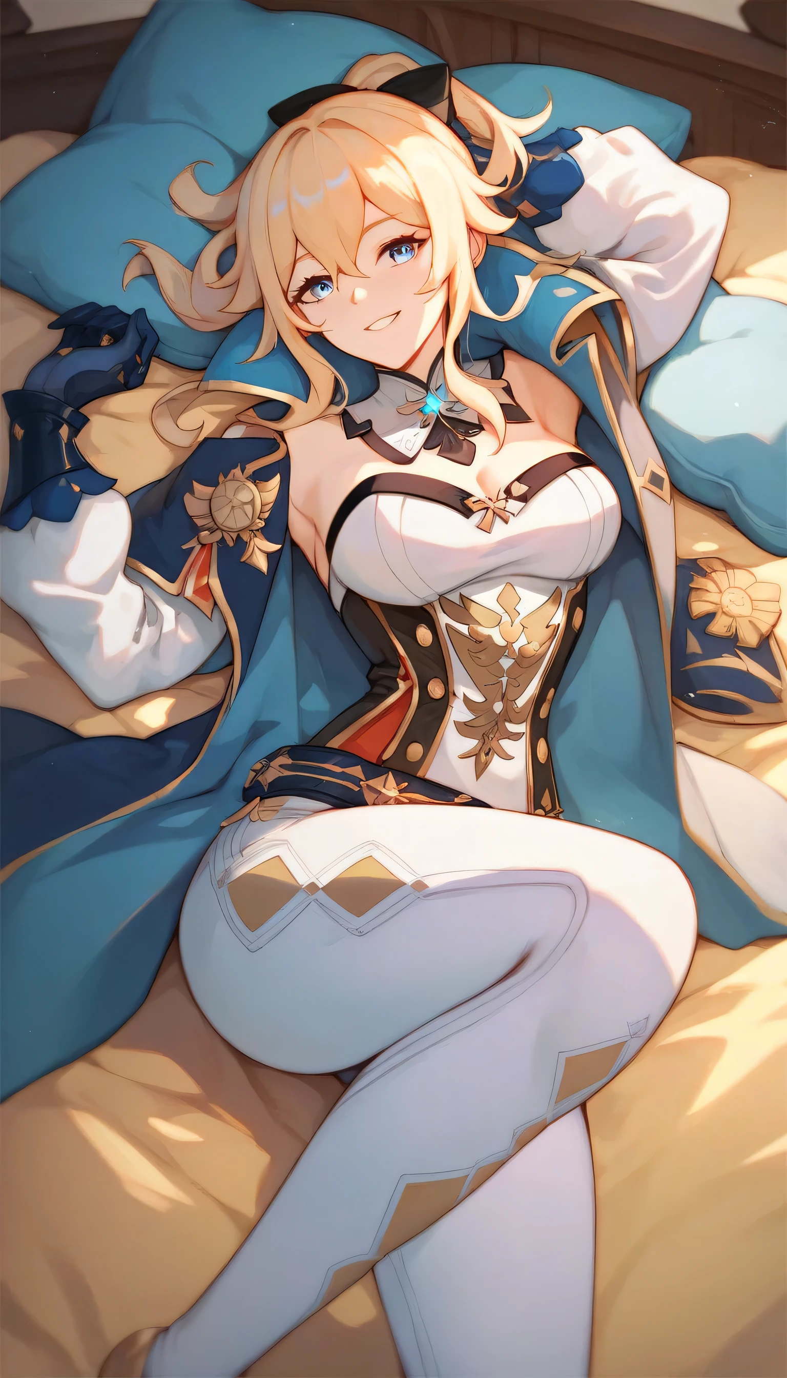 1 female, jean from genshin impact, wearing black gold, light blue jacket, blue gold pants, lying on a soft yellow bed, blue pillow, looking at the audience with a small smile and full of charm, bedroom.