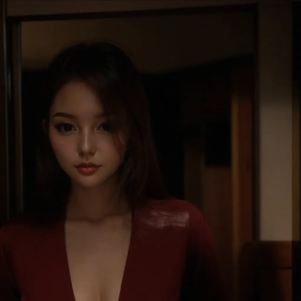 Jenna Coleman, A tall slender very pretty woman standing in her dark bedroom, wearing a tight off-the-shoulder tight dark red cocktail dress, ((small_breasts)), round breasts, collarbone, small head, (photorealistic:1.2) (best quality) (intricate details) (8K) (High Poly) (ray tracing) (cinema lighting) (sharp focus) (detailed face), realistic skin textures, (she is 40 years old)