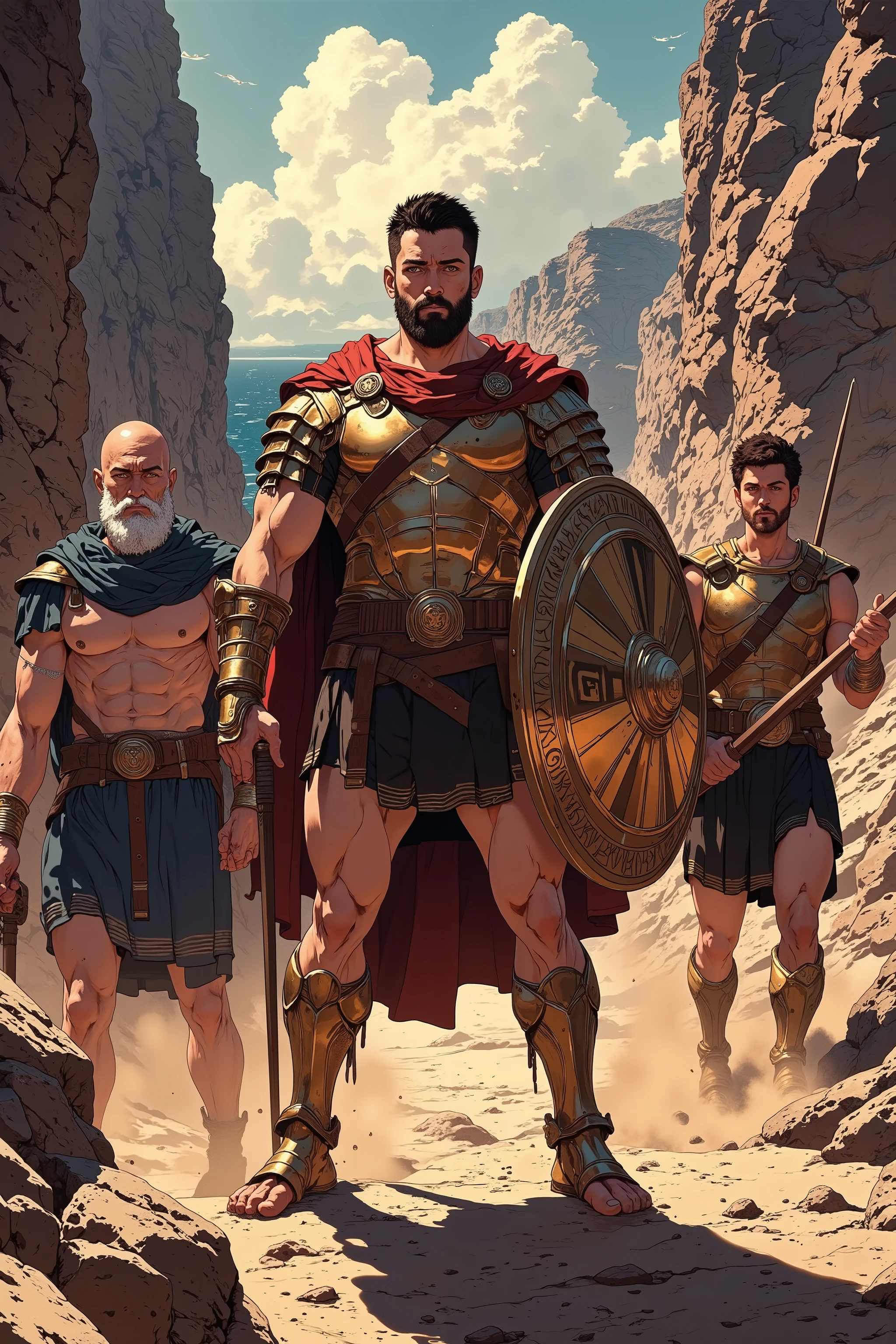 Three muscular Spartan warriors standing defiantly in a narrow natural mountain pass near the sea, with no buildings, gates, or man-made structures in sight. The terrain is rugged and dry, with jagged stone cliffs rising steeply on either side and the blue Aegean Sea glinting far behind them. Dust swirls in the air, lit by the golden light of a setting sun cutting through the gap in the rocks.
Center: King Leonidas — a battle-hardened warrior with short dark hair, a thick black beard, and sharp eyes. He wears a deep crimson cloak over bronze-scaled Greek armor, leather straps, and bronze greaves. In his left hand he grips a large round bronze shield with the lambda (Λ) symbol. His right hand holds a long spear pointed to the ground. His posture is proud and grounded.
Left: An older Spartan soldier with a bald head, weathered face, and a gray-streaked thick beard. He wears a cobalt blue cloak, simple Greek armor, and a bronze bracer. His muscular frame shows the wear of experience. His expression is stoic and focused. He carries a long spear over one shoulder and holds a round bronze shield in the other hand.
Right: A younger, clean-shaven Spartan with short brown hair and sharp features. He wears a black cloak, sleeveless bronze breastplate, and short Greek-style kilt with leather greaves. His arms are muscular and uncovered. He holds a long spear diagonally across his back and rests one hand calmly on the hilt of his sheathed xiphos sword.
All three are framed by nothing but wild stone cliffs and dry wind-blown terrain — no other people are visible. Cinematic anime style, ultra-detailed, anatomically accurate, no fantasy traits, no modern elements, natural outdoor light, heroic and solemn mood.