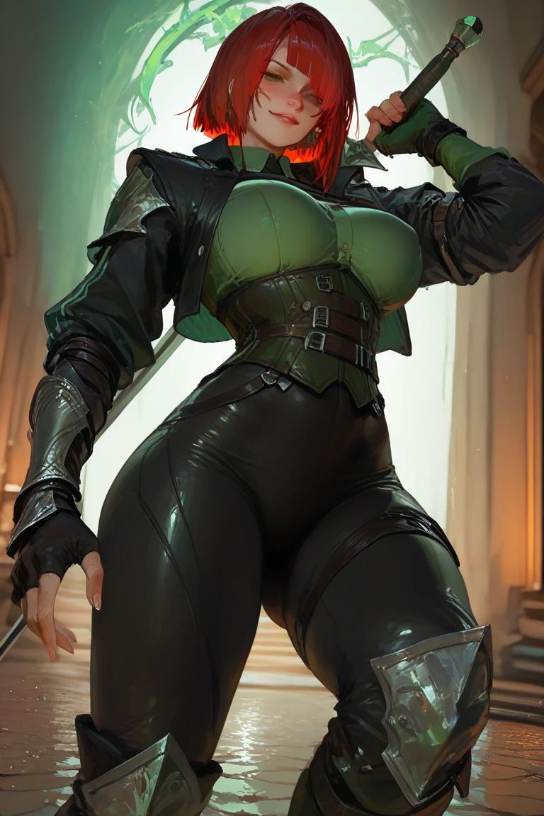 (Fat Curvy woman), red bob hair, (huge boobs, big hips), belts, face detailing, ultra quality, stockings, (dark red light), (in dark brown fog catacombs), (dark brown full close bodysuit, see through), nipple, red gloves, ((woman bodysuit)), dark red light background,