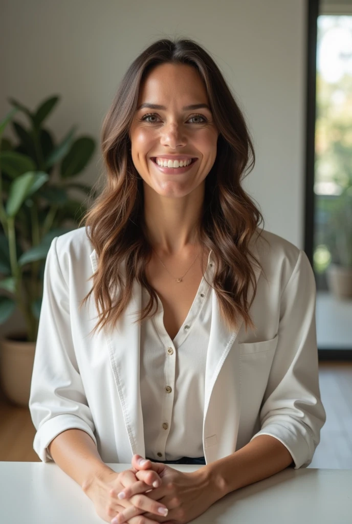 "A photo that captures an authentic moment, where I'm smiling, in a cozy and well-lit environment. I'm wearing a casual blouse, yet elegant, that reflects my personal style. Ao fundo, there is a bookshelf with some of my favorite books and some green plants that bring life to the space. This image conveys not only professionalism, but also accessibility and passion for what I do. The smile is welcoming and invites people to connect with me and explore the recommendations I share.."