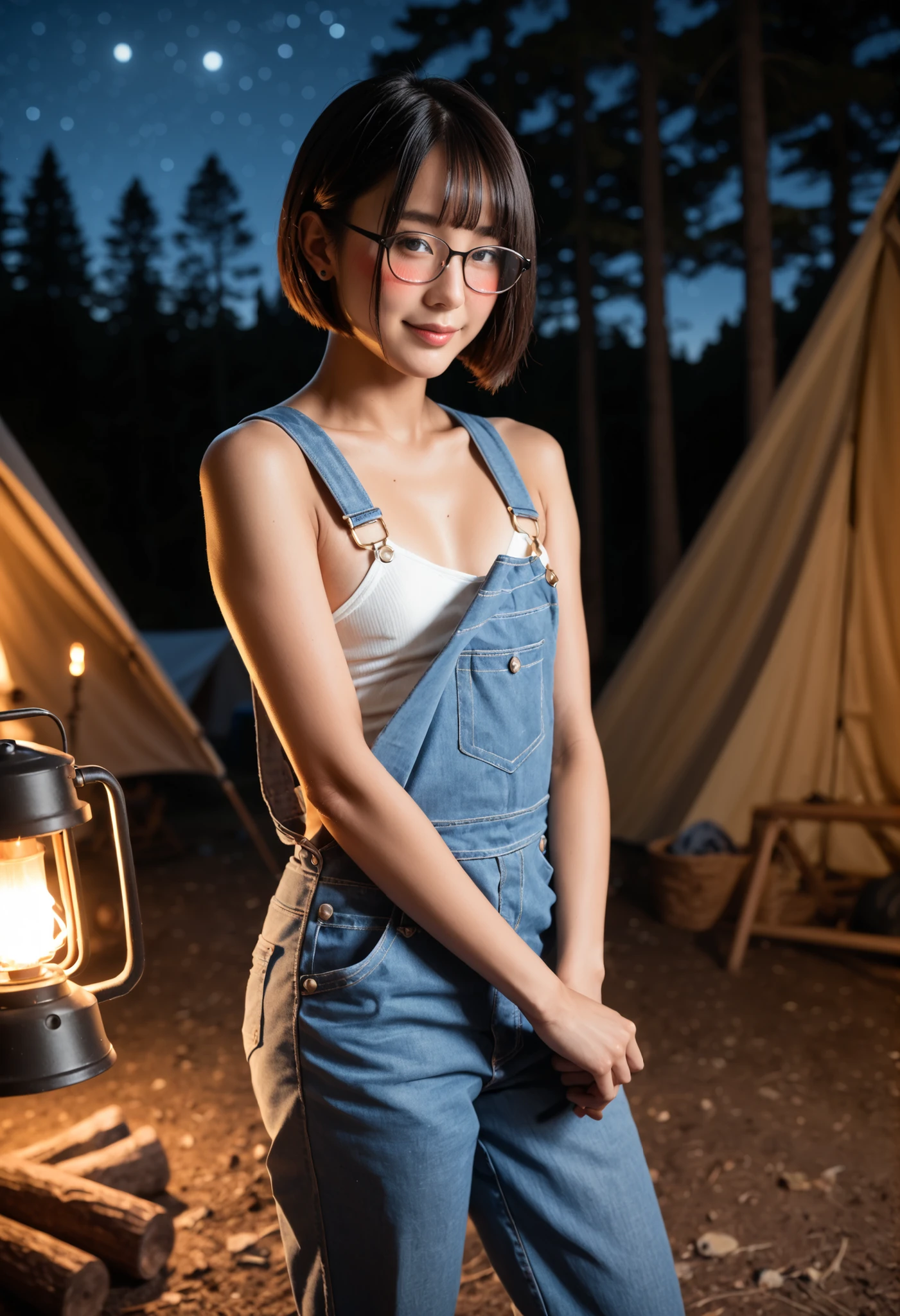 score_9,score_8_up,score_7_up,source_real,real skin, BREAK asian female mountaineer, japanese idol,25 yo,(blushing:1.3), (brown short hair:1.4),(lob cut hair:1.2),(slender body),tan_lines,smile,(flat chests),(Glasses:1.2), (Standing:1.2) ,(wearing long pants overalls,naked overalls),(downblouse:1.1),mountaineering gear,tent,camp fire,night,lantern,nature,in spring,depth of field,highly detailed,high contrast,film grain,Rim Lighting,penis,from side,one breast out,downblouse,