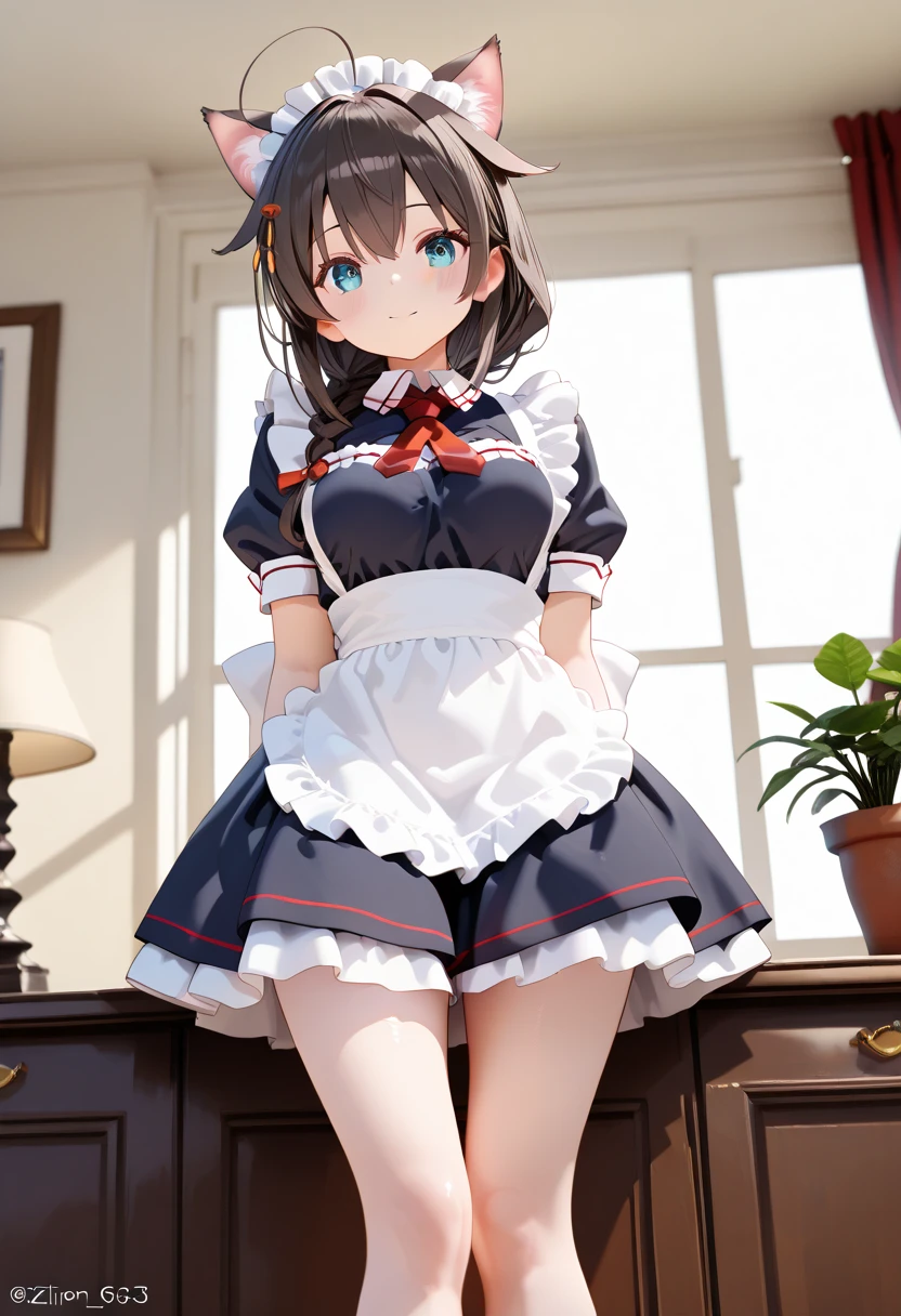 Solo Girl, 20-year-old,Medium Hair, Light brown hair, Mid-chest, highest quality, High resolution, Very detailed, Detailed Background, Perfect lighting、Extreme maid outfit、very cute, Blue eyes, a pair of cat ears, Blush, white silk socks, Lift up the skirt with your hands, Pink underwear, lace, Disgusting gaze