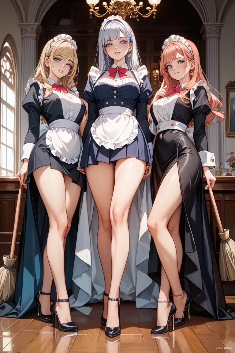 masterpiece, detailed face, ultra detailed, best quality, (illustration:1.2), 8k cg wallpaper, stunning art, (3maids), very cute face, blush, look at viewer with flattering eyes, perfect kneeling on floor in a row, harem, group picture, maid wear, zettai ryouiki, (all girls perfect lifted skirt completely by self:1.3), (no panties:1.5), (show thigh, lineup bare navel in a row:1.3), at inside of house entrance, background is inside of house, BREAK masterpiece, best quality, extremely detailed, (illustration:1.2), 8k cg wallpaper, stunning art, shiny eyes, various hair colors, full body,pussy juice