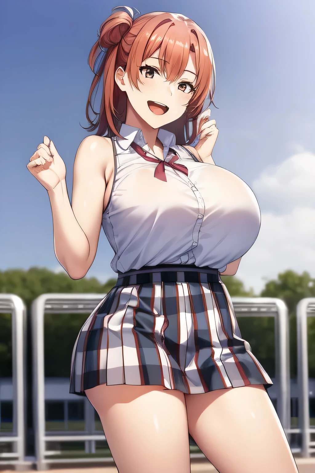 can you draw a woman laughing in front of the ferris wheel at Kasai Rinkai Park，,Big Breasts，sleeveless blouse，pleated miniskirt，Accurate representation of hands and legs， ,   Big Breasts, thin waist ， ,   ，I need a face，