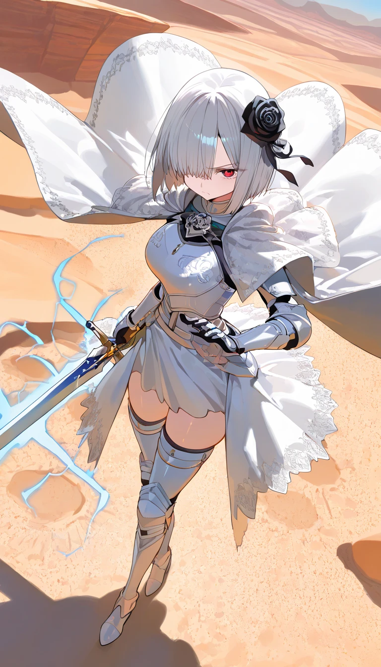 (beautiful girl : 1.3),1 girl,(White Armor,White Embroidered Cloak,Black Rose Hair Ornament,thigh,boots), Silver Hair,bob cut,Hair Over One Eye,anger, abusive,has a sword, desert,runs,Blue and White Aura from Sword,active,Dynamic Angle,masterpiece,Highest Quality,rich contrasts,high image quality,8k,High Definition CG Unit Wallpaper,texture,Incredibly Absurd, RAW photos ,Deep Boundaries 1 .2,Very Detailed