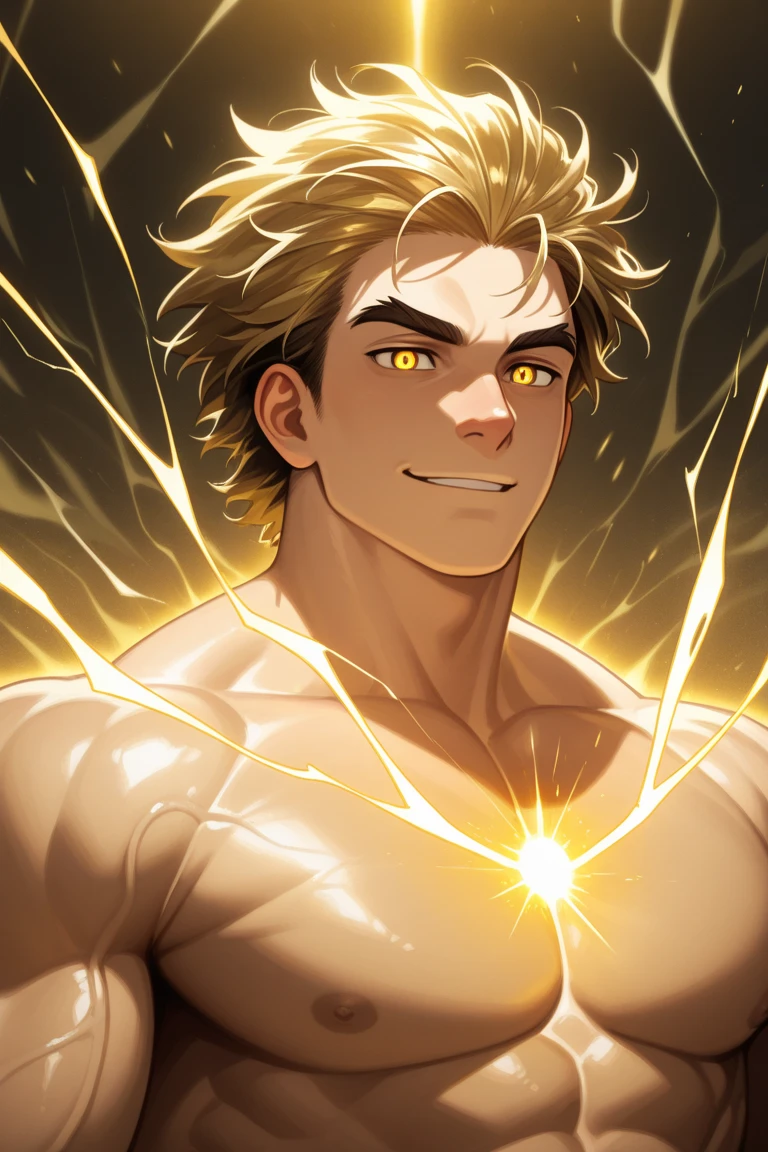 I want you to create the image of a being with golden energy white eyes full of energy, he has no lips or nose as the energy covered his entire face, He has long straight golden hair like his skin floating while an immense charge of golden energy sits on his toned body