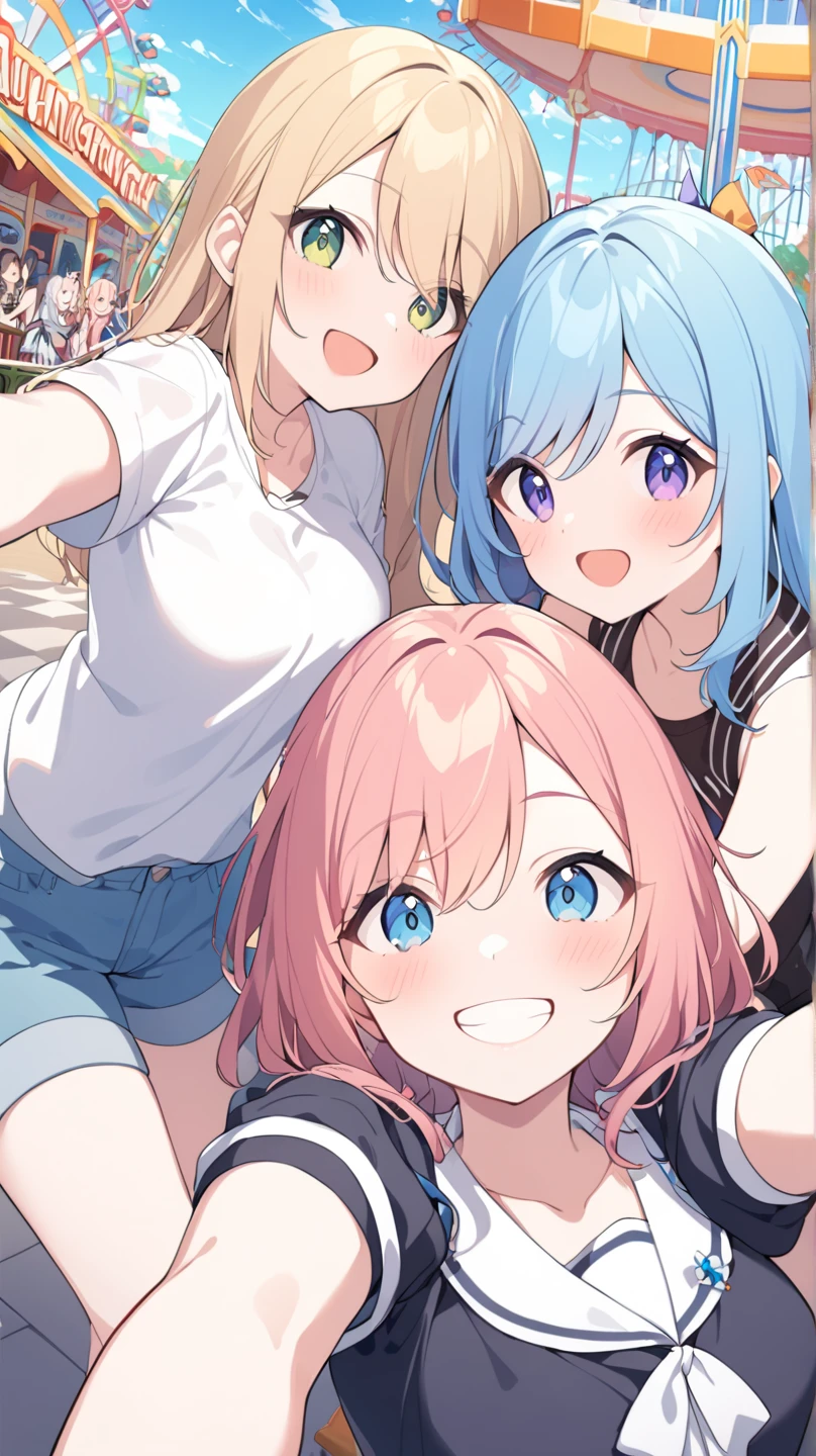 Highest quality、High resolution、Detailed Background、(Beautiful face in every detail:1.4)、Detailed facial expressions、Anatomically correct、(Detailed eyes:1.2)、Teenage beauty、(Huge breasts:1.2)、cute hair color、Braided Ponytail、Braided bob cut、Braided twin tails、Perfect body line、
cute gesture、Innocent joy、A fun atmosphere、In a joking manner、

(Three beautiful girls having fun taking a selfie together with their friends:1.5)、

Odaiba Seaside Park is a park by the sea where you can take selfies with the Rainbow Bridge and Tokyo Tower in the background.、
You can take selfies at Sensoji Temple&#39;s Kaminarimon Gate and Nakamise Street in a traditional Japanese atmosphere.、
Omotesando is lined with stylish cafes and shops, so you can take selfies with the streetscape in the background.、cute
