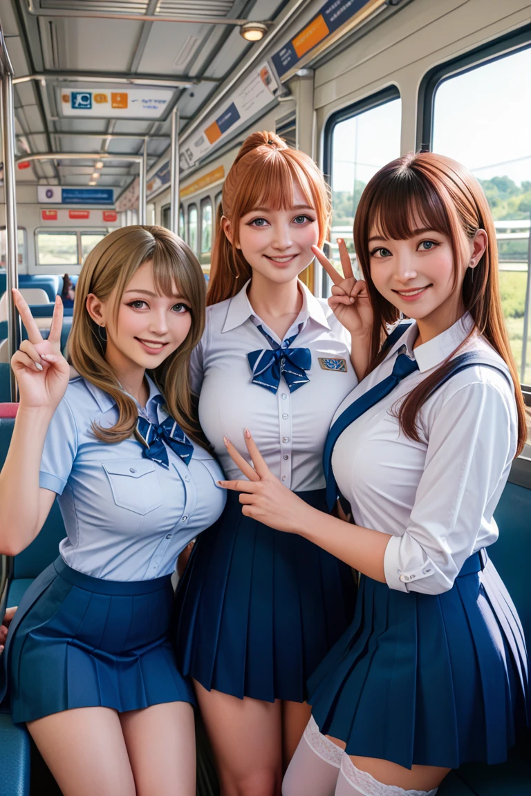 Highest quality,masterpiece,Ultra-high resolution, Very detailed, 8k,a 17 years old beautiful Japanese woman:1.5, Blonde gal、 Small face, Breast Augmentation Surgery、 (Detailed dark blue uniform、 Schoolgirl pleated skirt、 Sitting on the Yamanote Line train), Very thick thighs、 Sole
