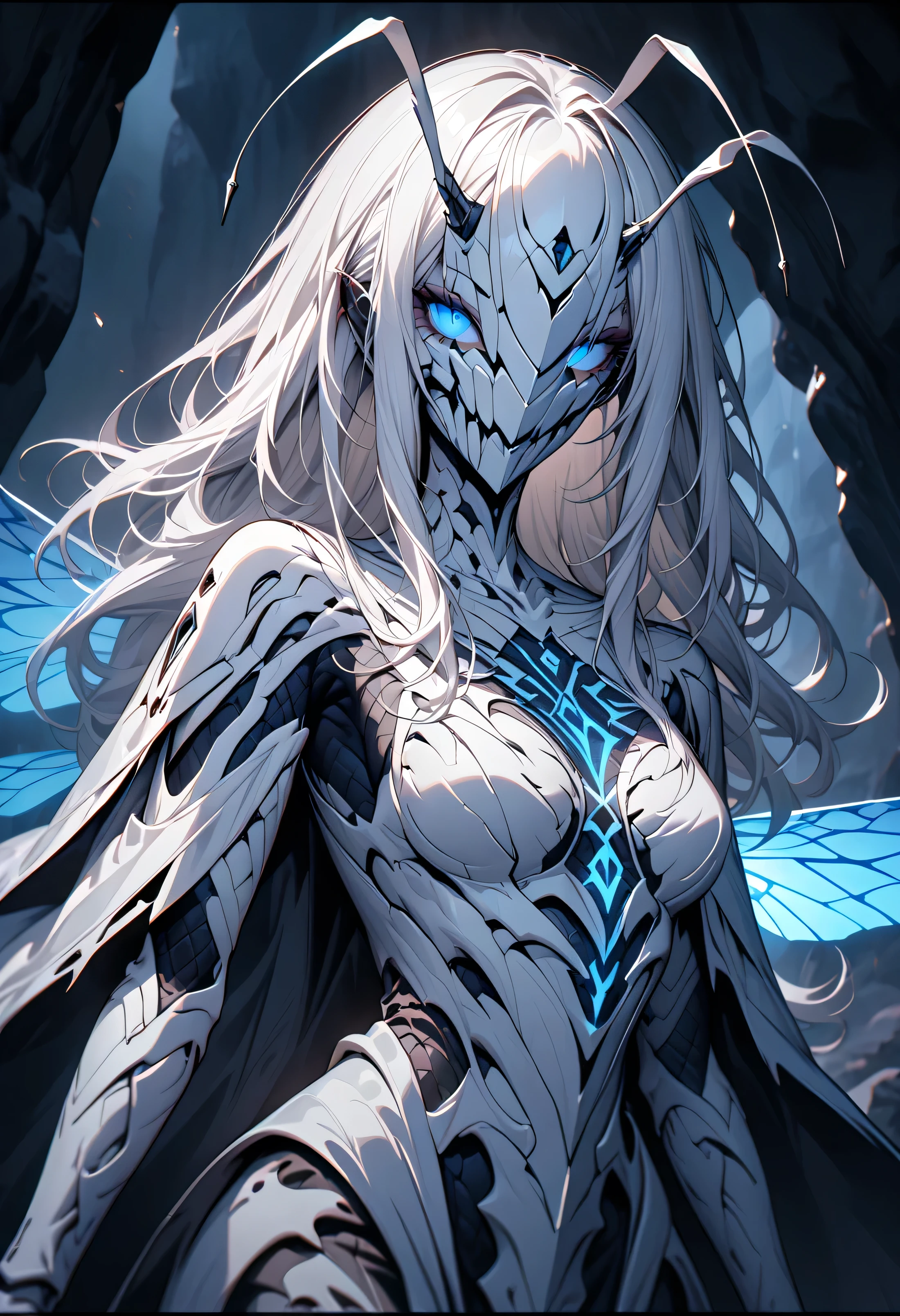 Masterpiece, Best Quality, Alone, Wasp, A Girl, Mature Woman, Mature Face, Long Hair, Long White Hair with Bright Highlights, Helmet Over Eyes, Normal Chest, White Carapace, Extra Eyes, Antennae, Thin, Blue Eyes, Detailed Eyes, Pale Skin, Black Crack, Mandibles, Thorax, Neck Fur, Shell State, Night, Cave, Nightmares, Tame Eyes, Skin Carapace, Blue Skeletal Wings, White Armor, Blue Accent, Soft Light, Blushing, Smiling, Seductive Pose, Close-up, Full Body, Raised Hand, Looking At Viewer, Front View, Neon, Super Detailed