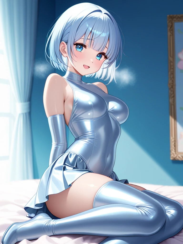 1girl,solo,cowboy shot,standing,(blue hair:1.2),(short hair:1.2),x hair ornament,hair ribbon, hair over one eye,(blue eyes:1.2)(beautiful fingers:1.2),(perfect anatomy:1.4),(arms_behind_back:1.6),(cold_shoulder:1.2),(pastel blue leather lace glossy silk lamé leotard:1.6),(latex luster shiny glossy metallic:1.6),(shiny_clothes:1.6),medium breasts,(masterpiece),best quality,(Ultra high definition eyes:1.2),8k,(Beautiful detailed eyes:1.2),(Fine and beautiful eyes:1.2),(pretty eyes:1.2),finely detail,extremely CG, absurdres,high resolution,illustration,Detailed and beautiful outlines,finely detail,high resolution,(colorful refraction:1.4,Increase saturation:1.2),beautiful lighting,dynamic lighting,closed room,black background,simple background, smile,looking at viewer,aarem, maid headdress, neck ribbon, cleavage, dress,(white Clear PVC sheets sleeves:1.4),(sheer sleeves:1.4),(see-through sleeves:1.4),(wide sleeves:1.2),(pastel blue thigh boots:1.2)