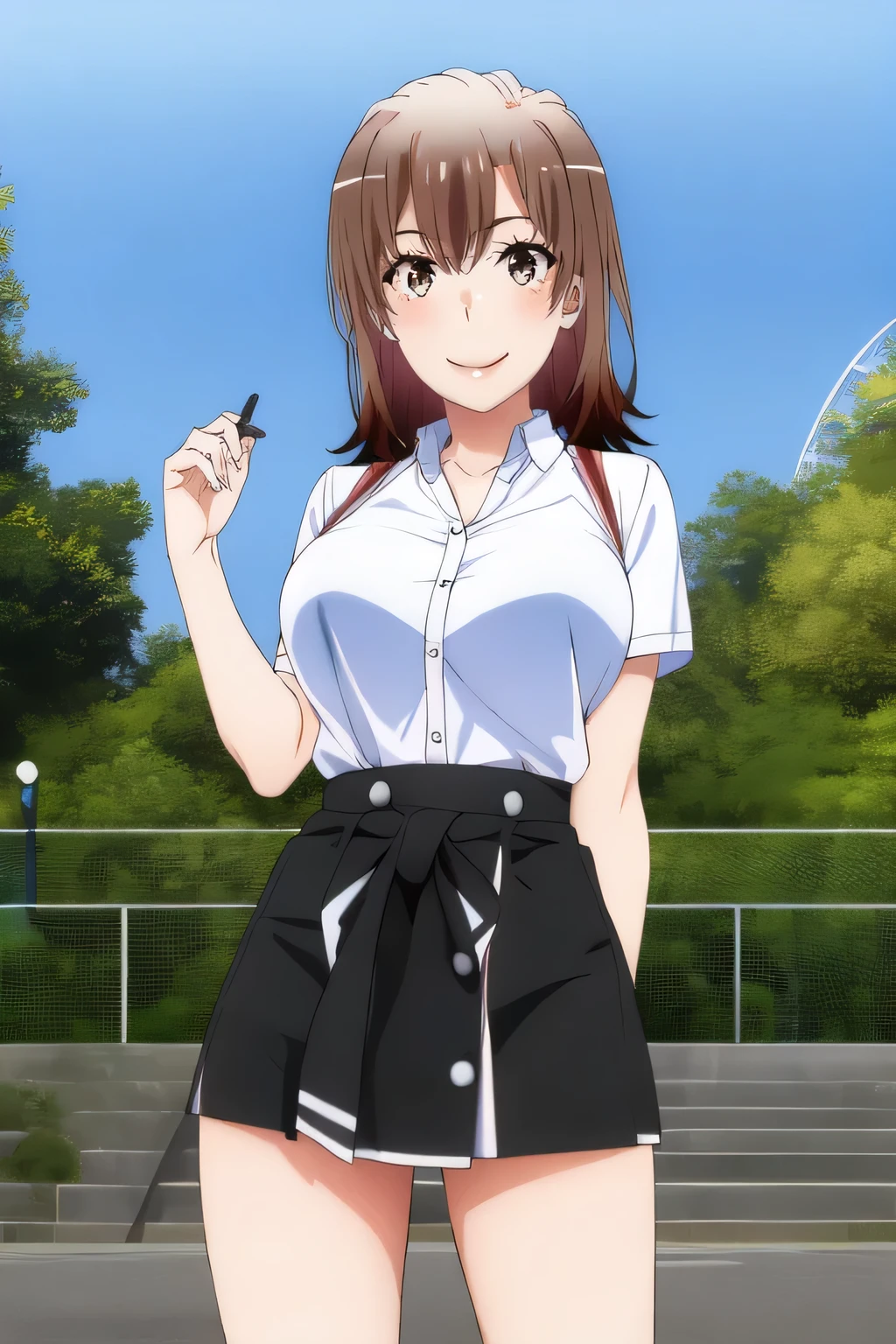 3 smiling people in front of the Ferris wheel at Kasai Rinkai Park　At Kasai Rinkai Park，Can you draw ，20-year-old woman with a nice smile，Please draw long black hair，Big BreastsをさらにBig Breastsに描いて下さい,Big Breastsでもウエストが細い，Women with black, wavy hair with nice smiles, ,   Big Breasts, thin waist ， ,   ，I need a face，Accurate representation of hands and legs，