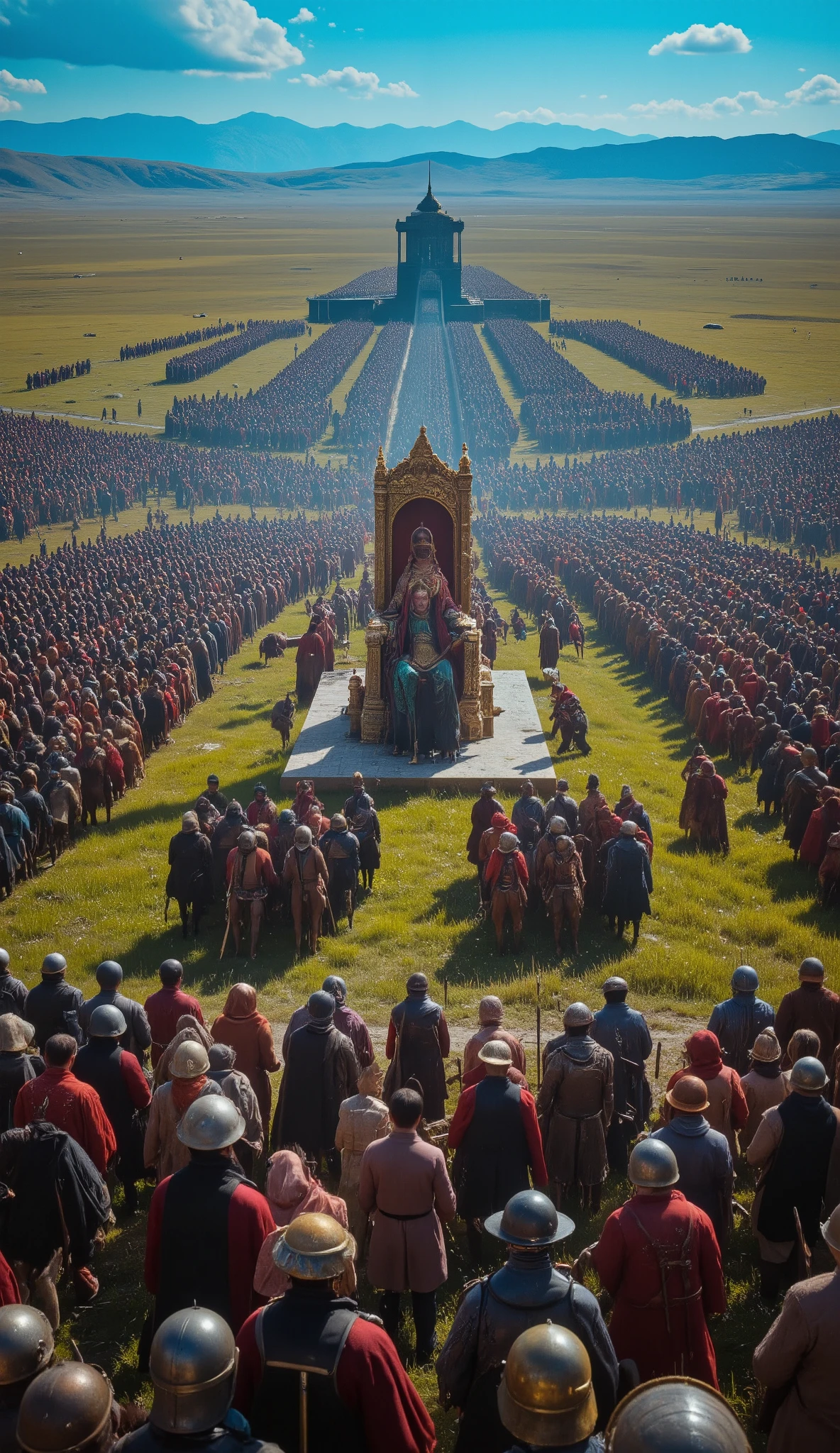 high-resolution images in front of the mounted army、images of the emperor and his wife smiling on a cart、Mongolian emperor Genghis Khan、In front of the cavalry、are、on blue grass on the Great Plains {x} with a large number of mounted legions drawn behind {x}。