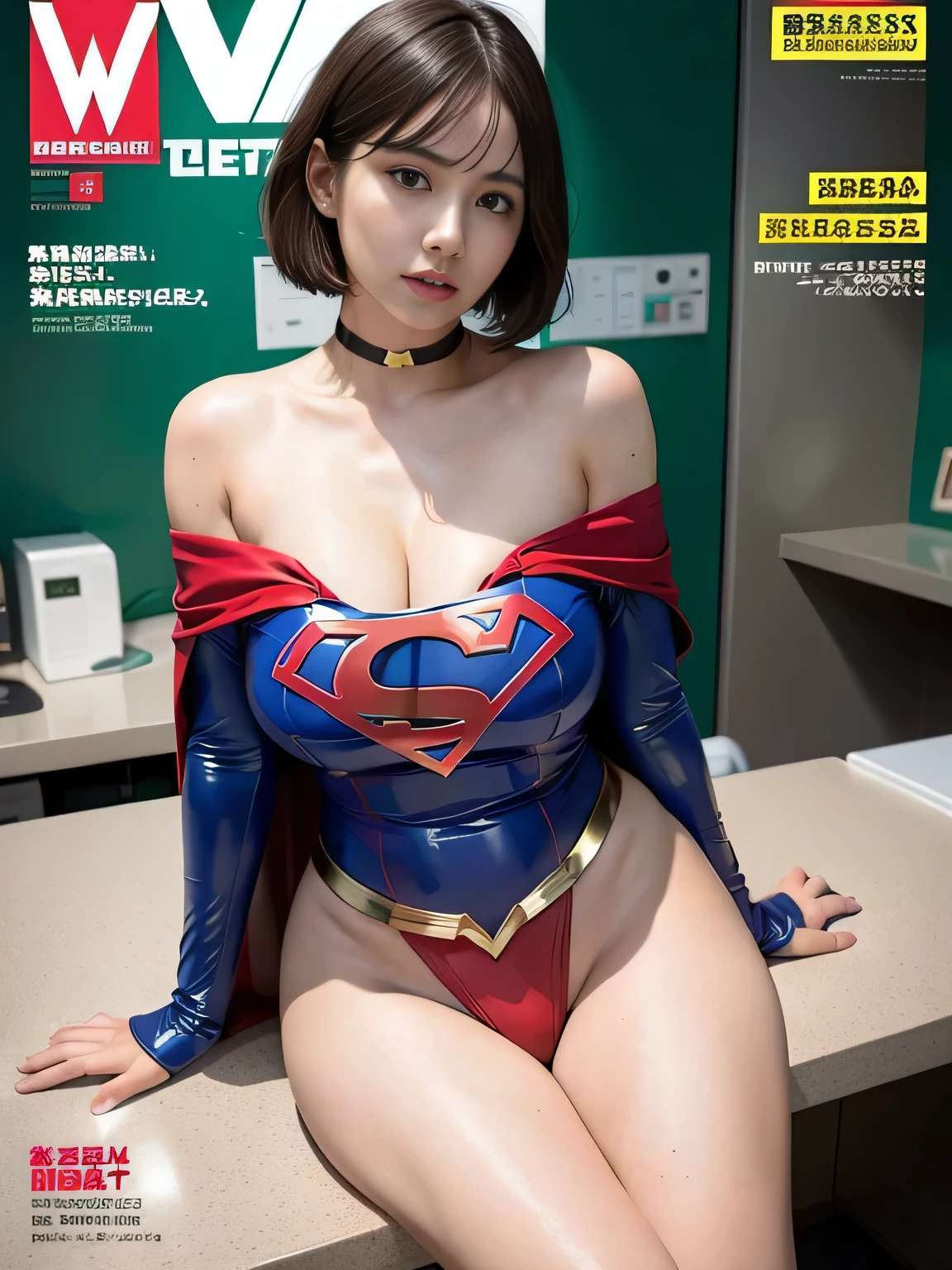 masterpiece、Rubber Supergirl Costume、short hair、barefoot、Big and ample breasts、looking at the camera、choker、Long sleeve、Cape、mini skirt、Off the shoulder、Sweaty skin、In front of the laboratory equipment in the hospital room、Photo magazine cover、Glamorous cleavage、Boasting beautiful legs、High leg leotard、Bare legs、Beautiful Model、