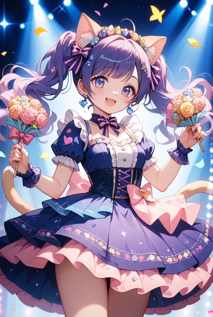 A world of fairy tales and wonderlands,Colorful and lively atmosphere,confeti,sweets, Toys, Stuffed animals are floating and scattered in the air.,A pile of extra large cream puffs,A mountain shaped like a cream puff,fluffy hair,Odango Hair,Keeping hair together,rainbow-colored hair,A voluminous princess-like dress,Iridescent dresses,A little girl is climbing a mountain of cream puffs,